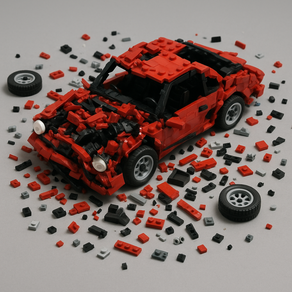 AI Generated : rode auto uit lego ligt in stukjes uit elkaar