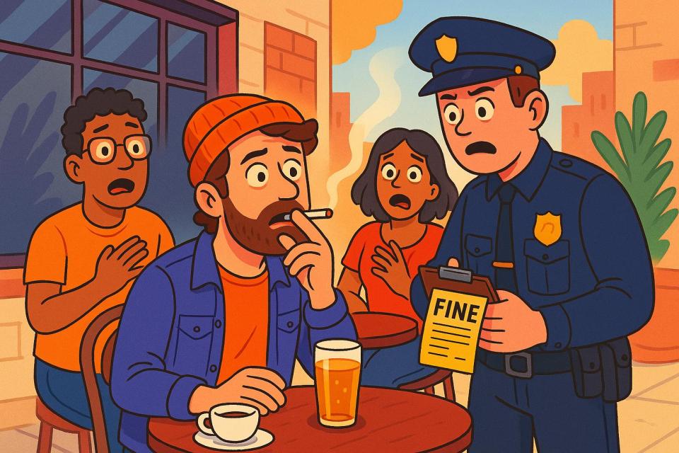 AI Generated : mensen zitten op het terras en zijn geschrokken omdat één man een boete krijgt wegens roken.