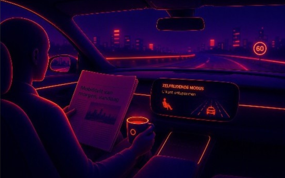 Een futuristische 3D-afbeelding toont een silhouet van een persoon in een zelfrijdende wagen. De persoon leest de krant en drinkt koffie terwijl de auto aan het rijden is.