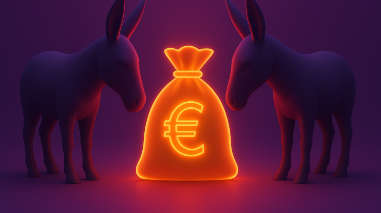 AI Generated : paarse achtergrond, de donkere silhouetten van twee ezels met in het midden een neon oranje zak met een euroteken op.