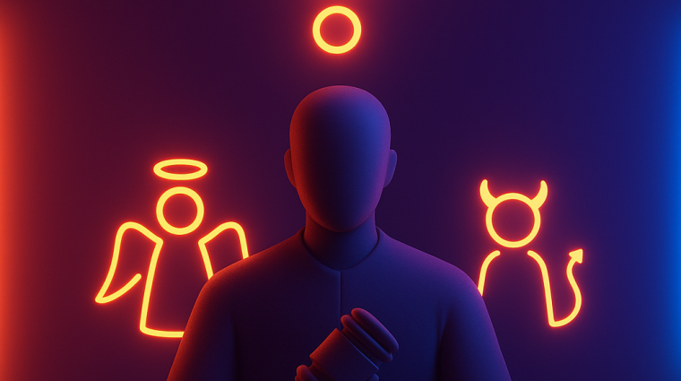 Een futuristische 3D-afbeelding toont een silhouet van een rechter met een hamer, gezeten achter een bureau, terwijl boven zijn hoofd een gloeiend neonvraagteken zweeft en op zijn schouders een oranje neonengel en -duivel balanceren tegen een donkerpaarse achtergrond.