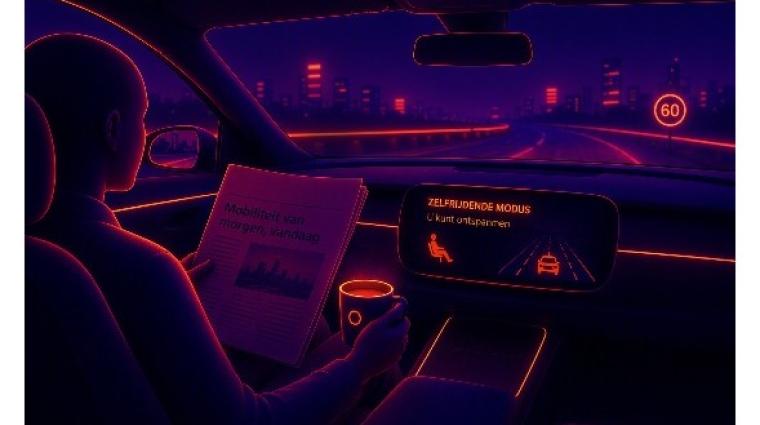 Een futuristische 3D-afbeelding toont een silhouet van een persoon in een zelfrijdende wagen. De persoon leest de krant en drinkt koffie terwijl de auto aan het rijden is.