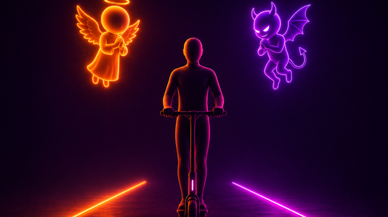 Een 3D-render in een minimalistische, futuristische stijl. Donkerpaarse achtergrond met sterke neonverlichting in oranje en roze. In het midden is het abstracte, gladde, gezichtsloze silhouet zichtbaar met een matte afwerking van een persoon op een elektrische step. Linksboven dit silhouet hangt er een engeltje. Rechtsboven dit silhouet hangt er een duiveltje. Het engeltje en duiveltje stralen fel neonlicht uit en contrasteren met de donkere omgeving. De kleru van het engeltje is neon oranje. De kleur van h